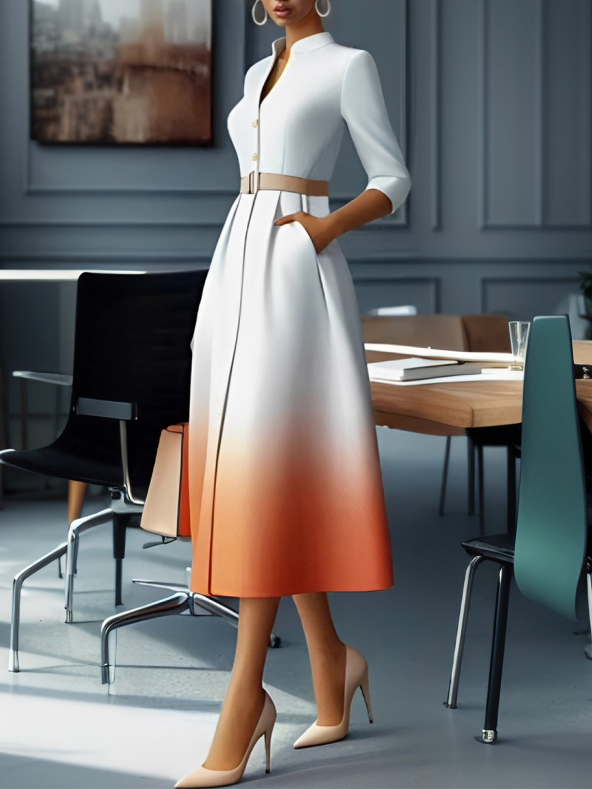 Urban Gradient Pattern Printing Stand Collar Midi Dress With Belt