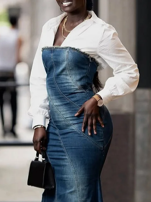 Urban Plain Distressing Strapless Denim Maxi Dress With No Shirt