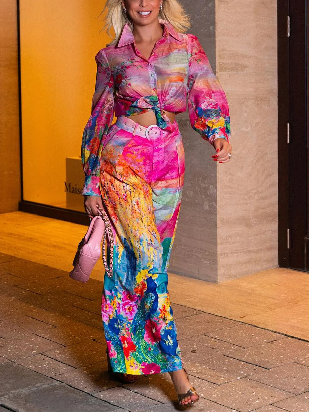 Elegant Floral Printing Wide Leg Pants With Belt