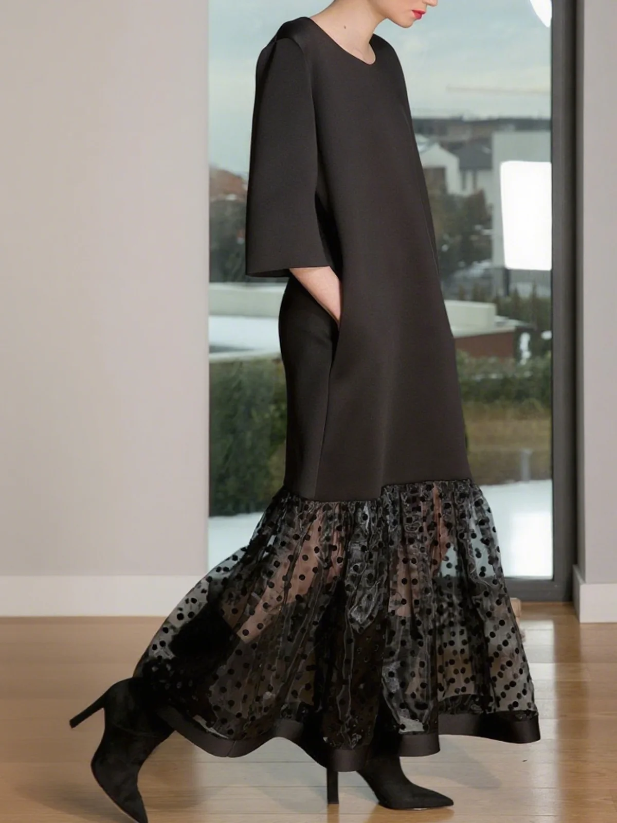 Elegant Plain Split Joint Crew Neck Maxi Dress