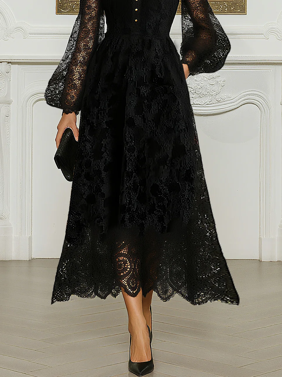 Elegant Buttoned Balloon Sleeve Lace Mock Neck Midi Dress