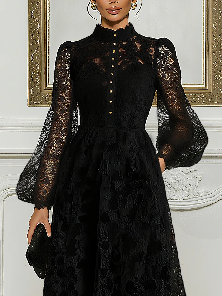 Elegant Buttoned Balloon Sleeve Lace Mock Neck Midi Dress