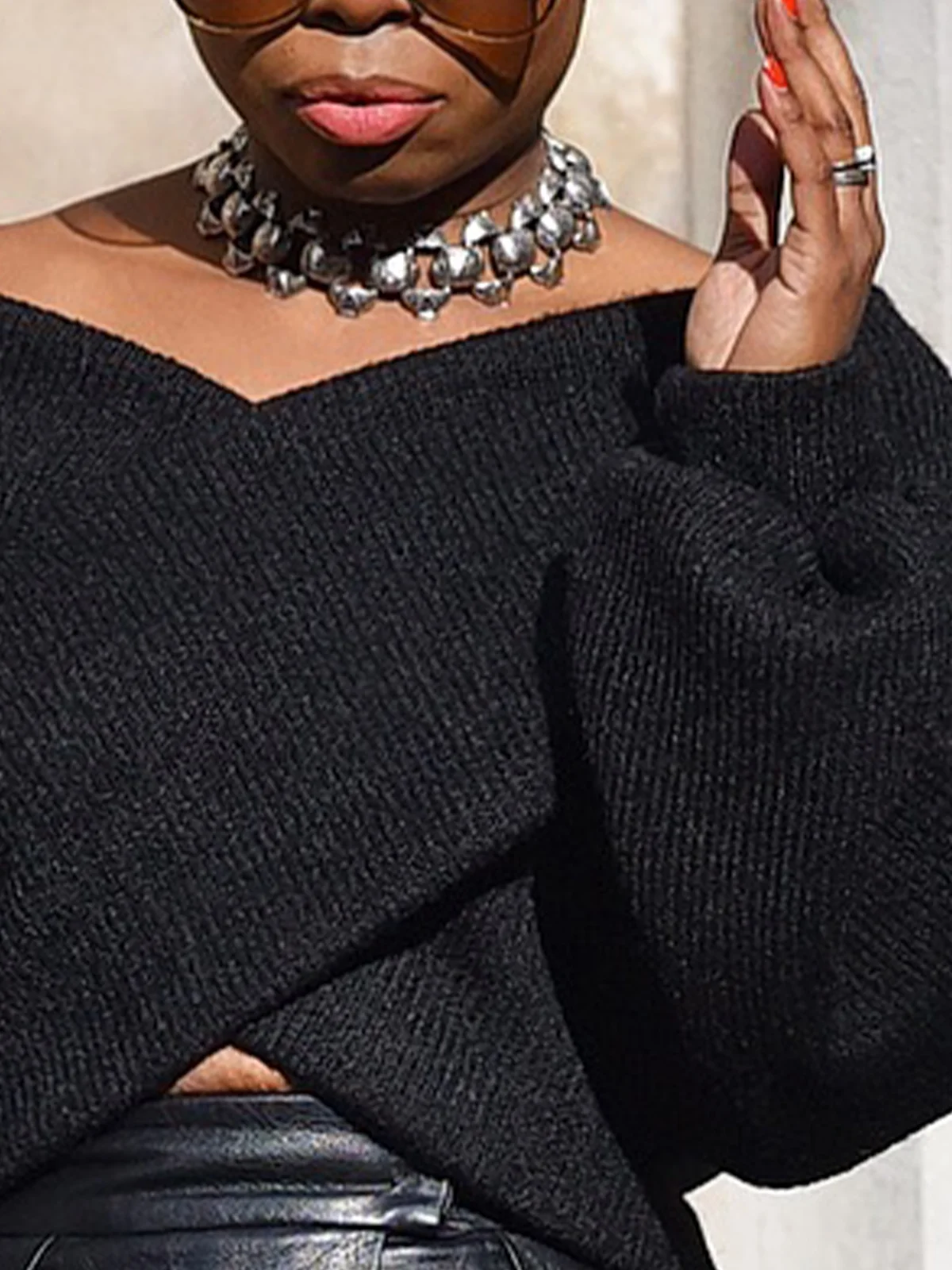 Casual Plain V Neck Off Shoulder Sleeve Sweater