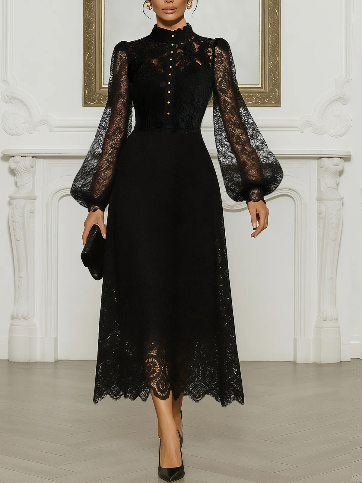 Elegant Buttoned Balloon Sleeve Lace Mock Neck Midi Dress