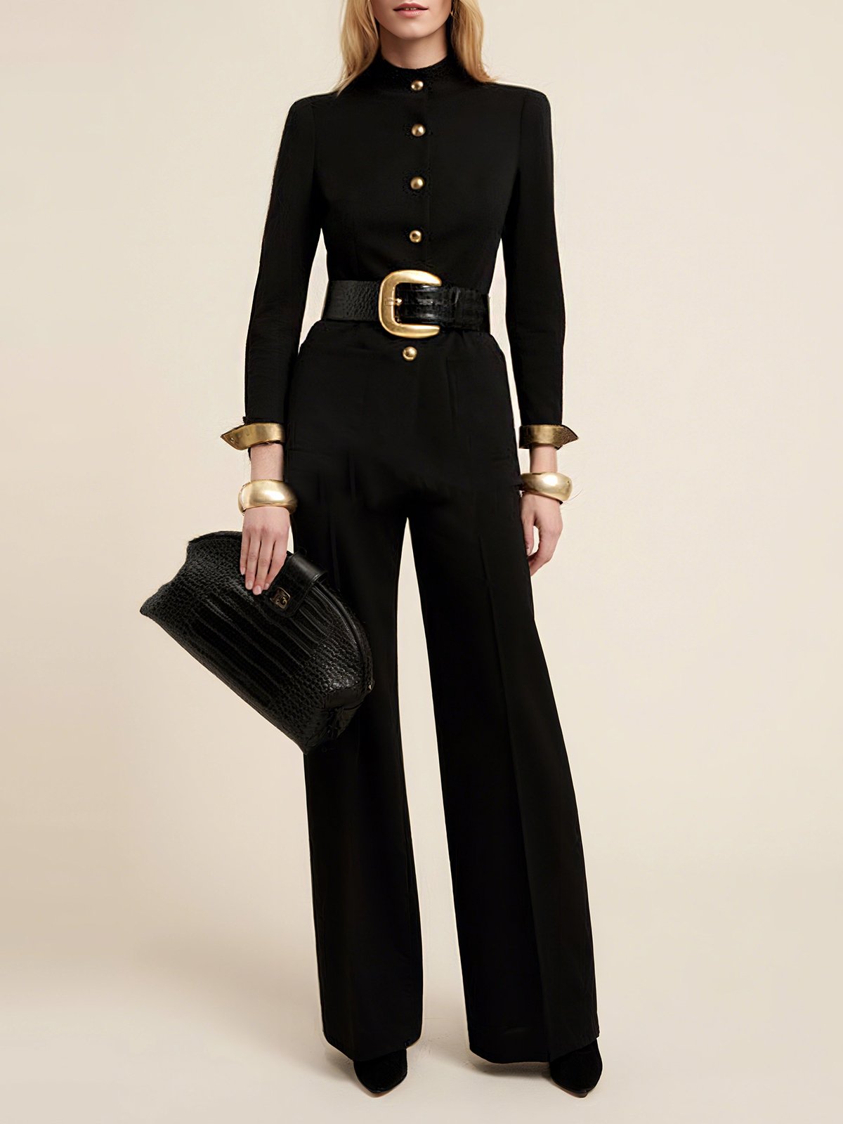 Urban Buttoned Plain Mock Neck Jumpsuit With No Belt