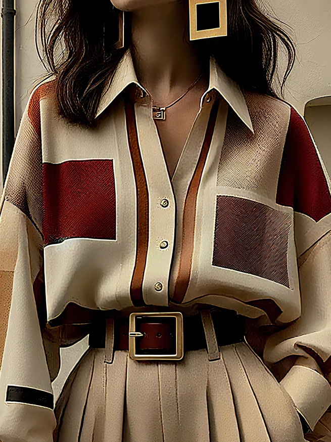 Urban Plaid Balloon-Sleeve Buckle Shirt