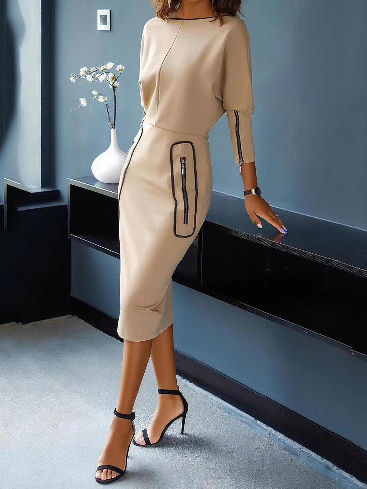 Urban Plain Crew Neck Midi Dress