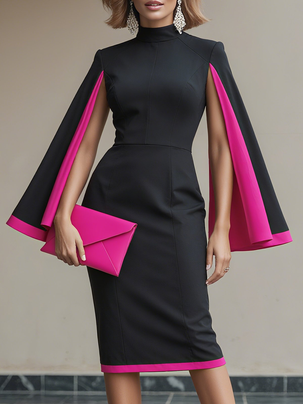 Elegant Color Block Split Sleeves  Stand Collar Midi Dress