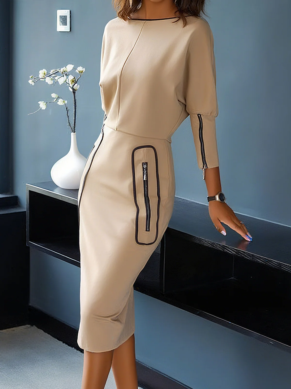 Urban Plain Crew Neck Midi Dress