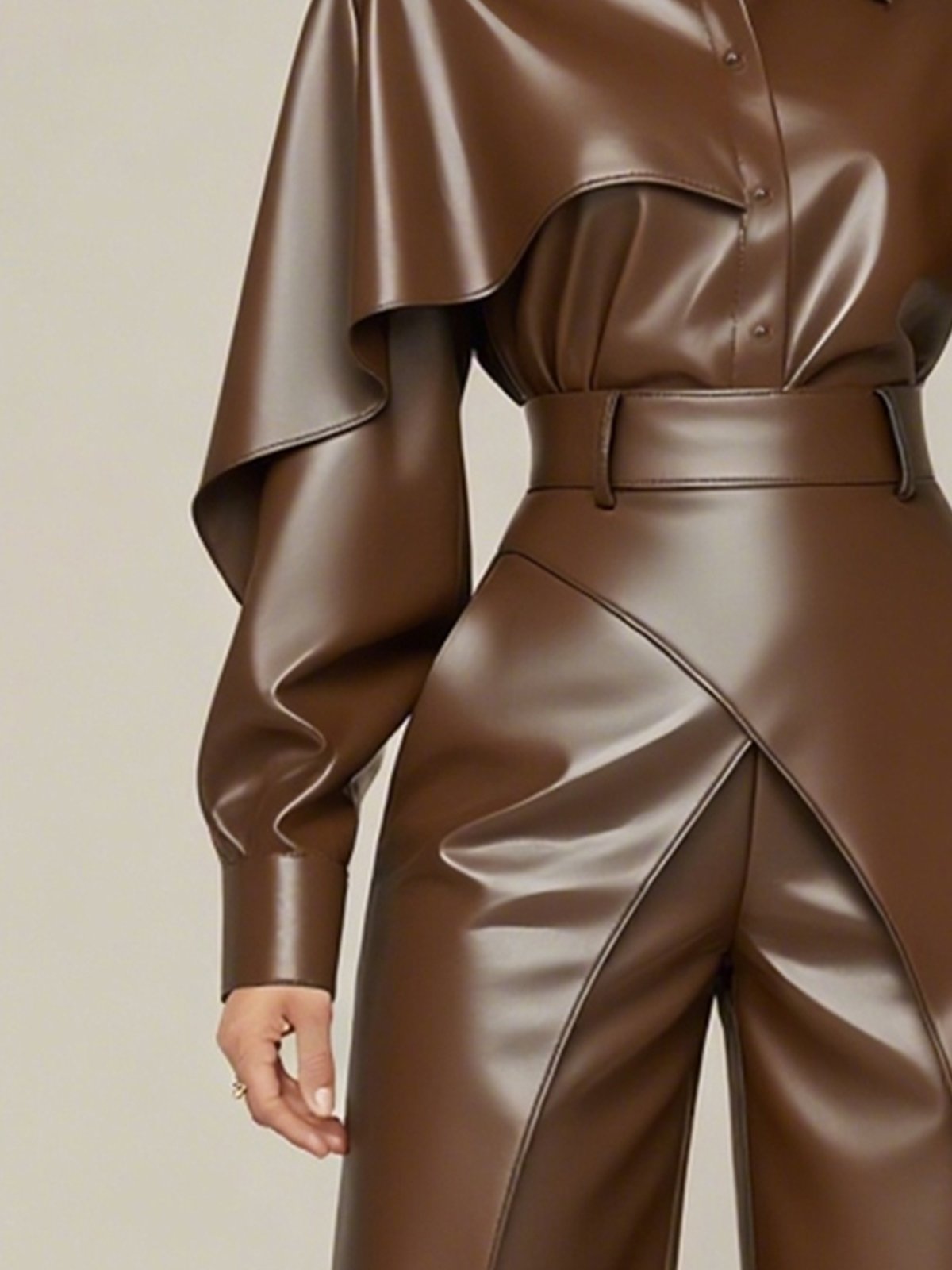 Urban Plain Irregular Craftsmanship Shirt Collar Faux Leather Top