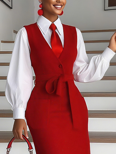 Cotton Urban Plain Buttoned Shirt With Tie