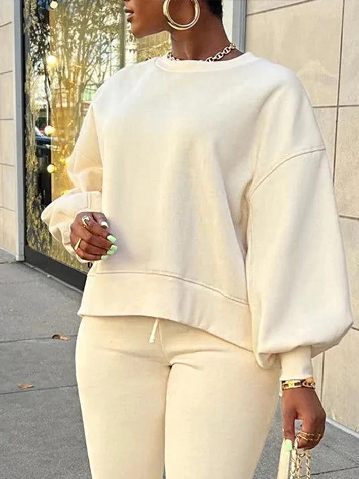 Casual Plain Crew Neck Balloon Sleeve Sweatshirt