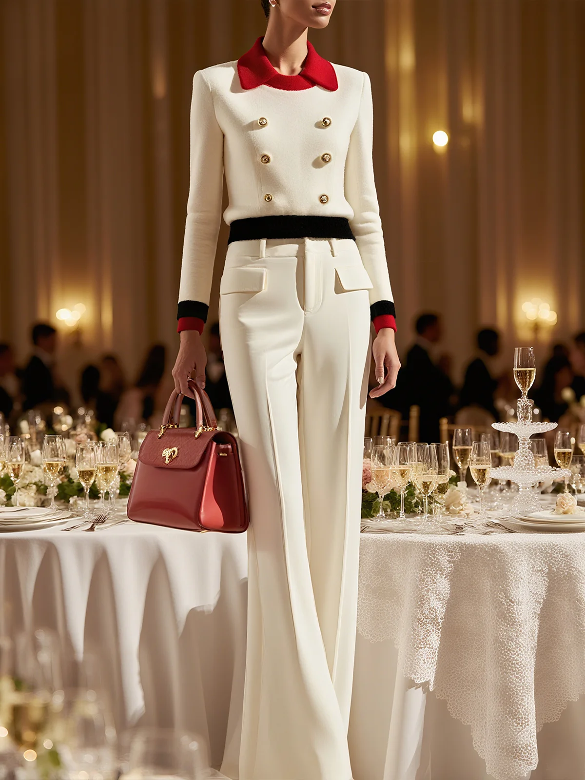 Elegant Color Block Buttoned Shawl Collar Regular Sleeve Blouse