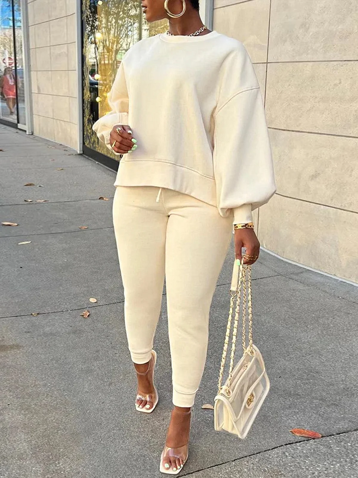 Casual Plain Crew Neck Balloon Sleeve Sweatshirt