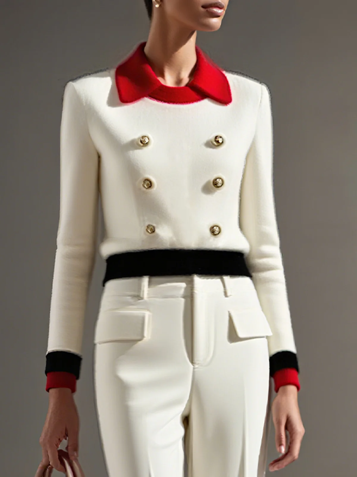 Elegant Color Block Buttoned Shawl Collar Regular Sleeve Blouse