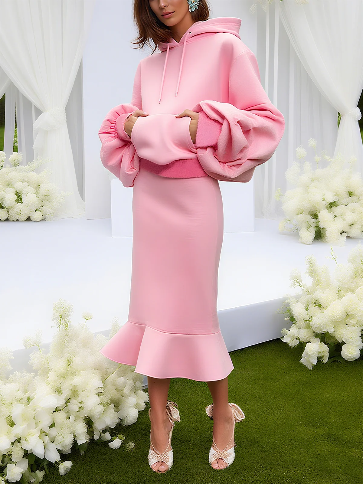 Elegant Botanical Pattern Balloon Sleeve Hoodie