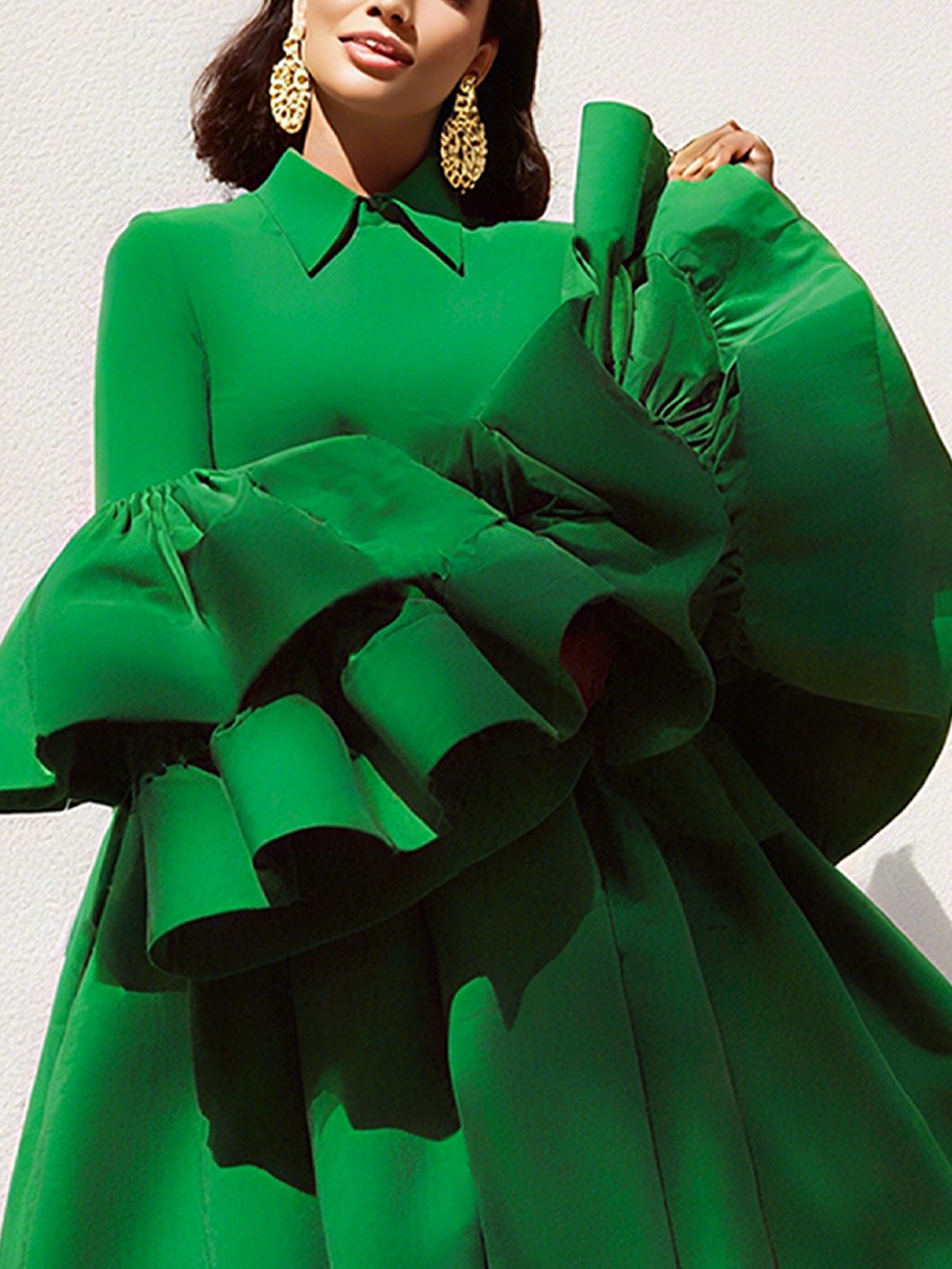 Satin Elegant Plain Ruched Shirt Collar Bell Sleeve Blouse