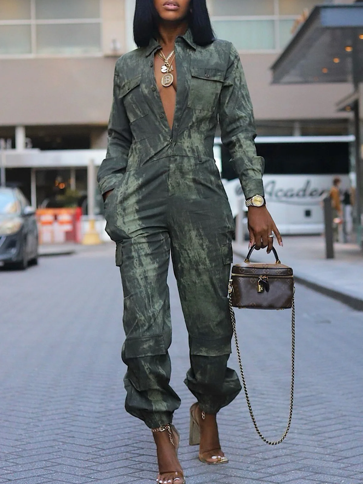 Casual  Printing Abstract Cargo Shirt Jumpsuit