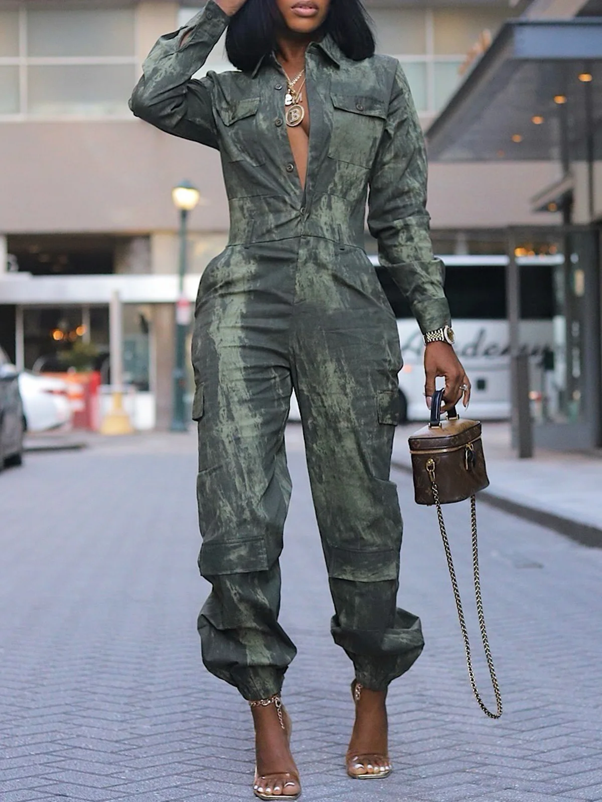 Casual  Printing Abstract Cargo Shirt Jumpsuit