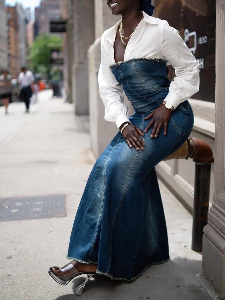 Urban Plain Distressing Strapless Denim Maxi Dress With No Shirt