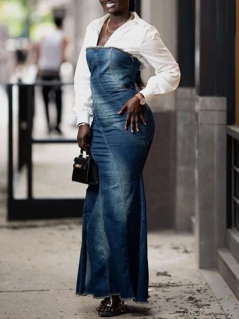 Urban Plain Distressing Strapless Denim Maxi Dress With No Shirt