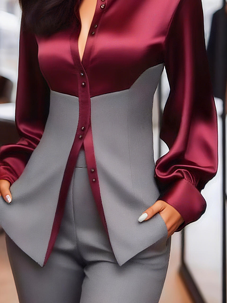 Satin Urban Color Block Split Joint Shirt