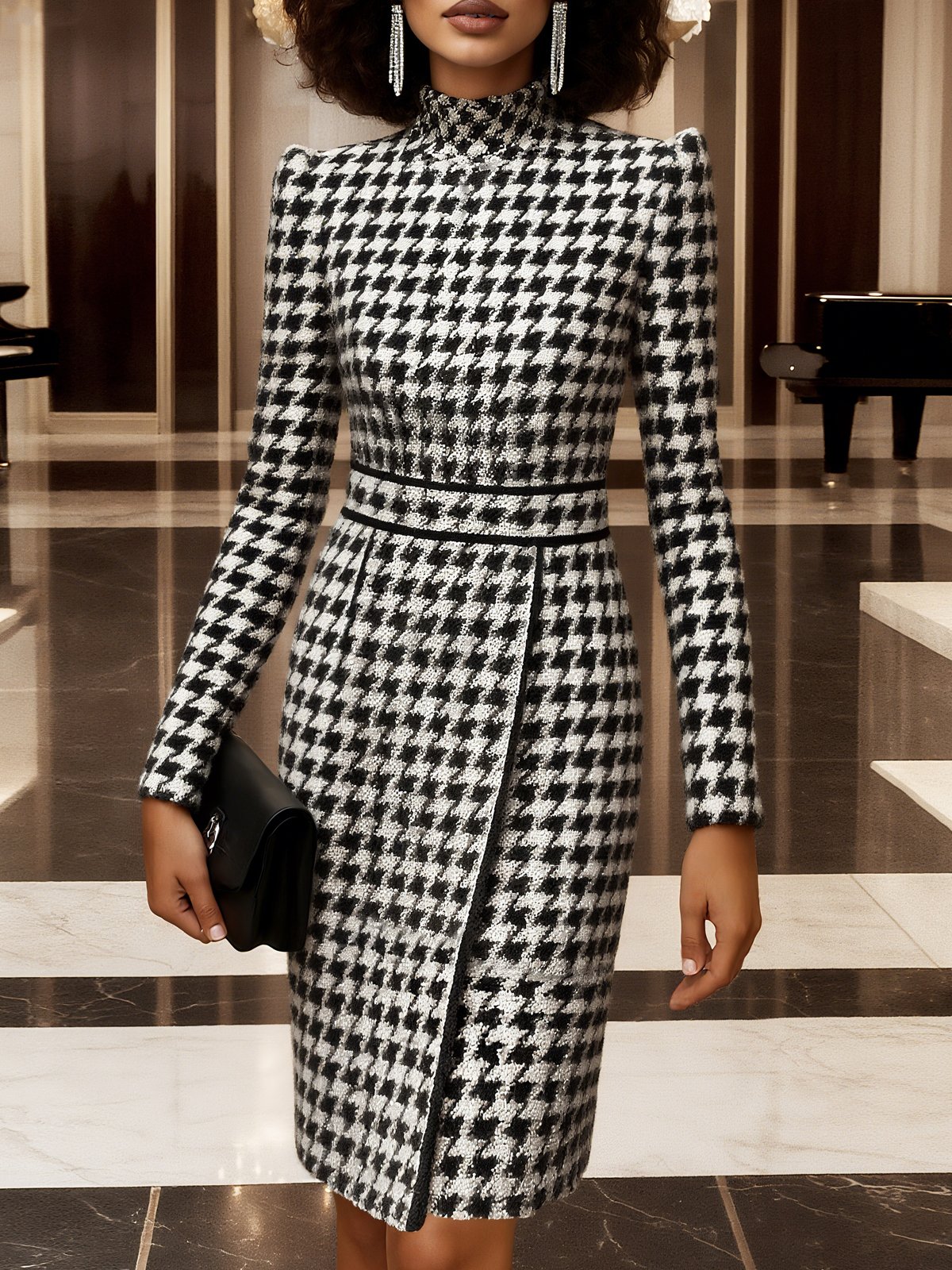 Elegant Houndstooth Printing Mock Neck Knee Length Dress