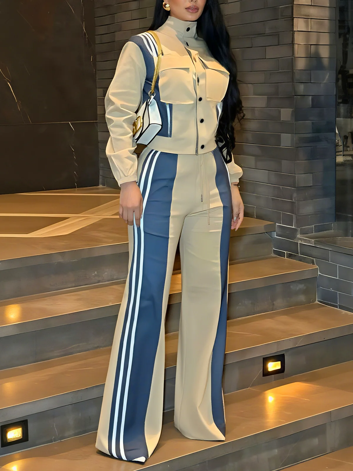 Casual Buttoned Color Block Mock Neck Jacket