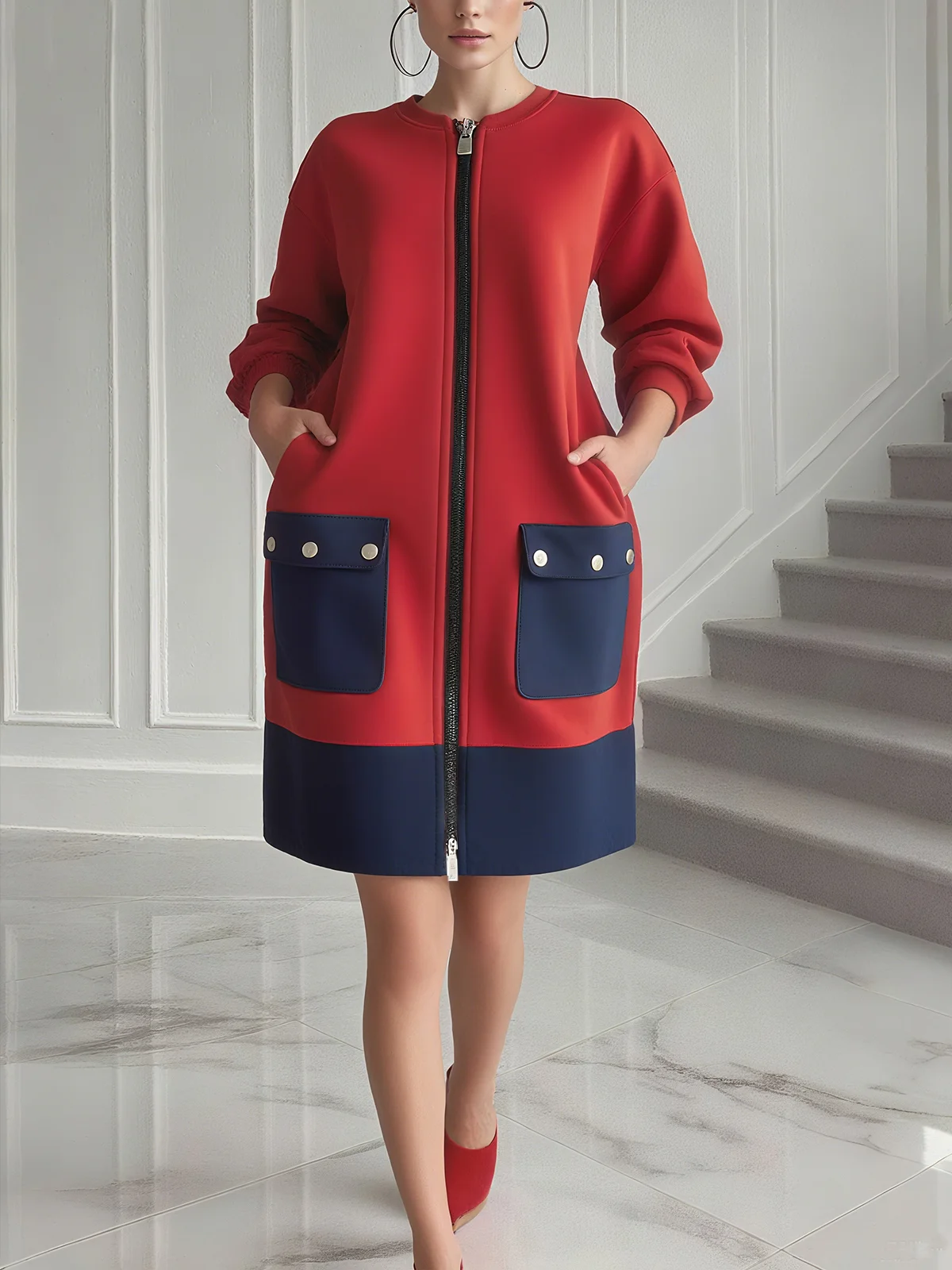 Casual Color Block Pockets Zipper Crew Neck  Dress