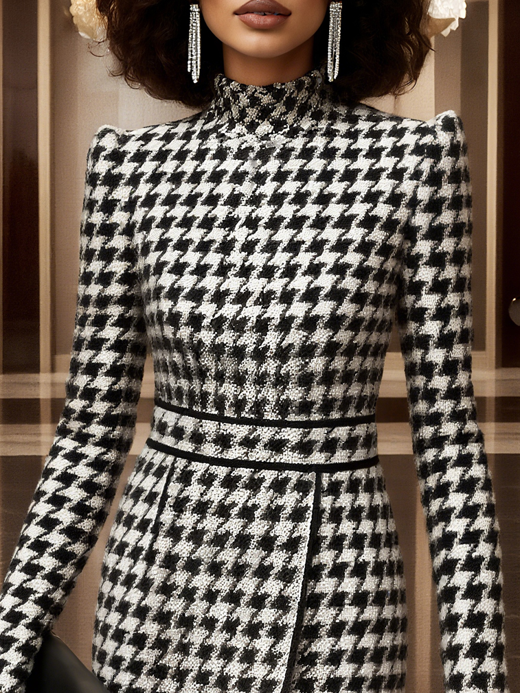 Elegant Houndstooth Printing Mock Neck Knee Length Dress