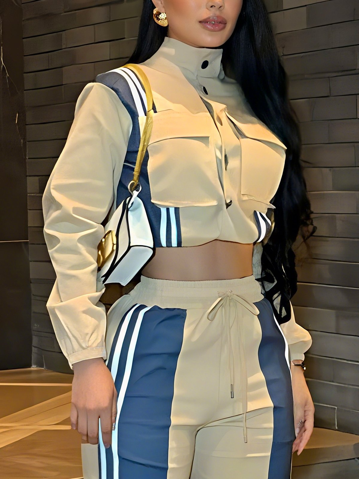 Casual Buttoned Color Block Mock Neck Jacket