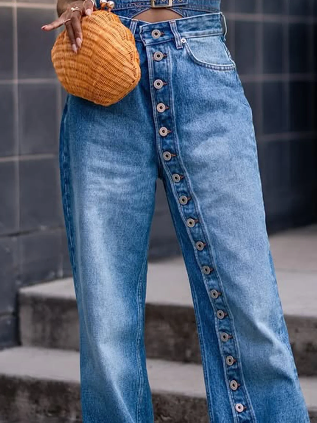 Buckle Detail Straight-Leg Denim Jeans
