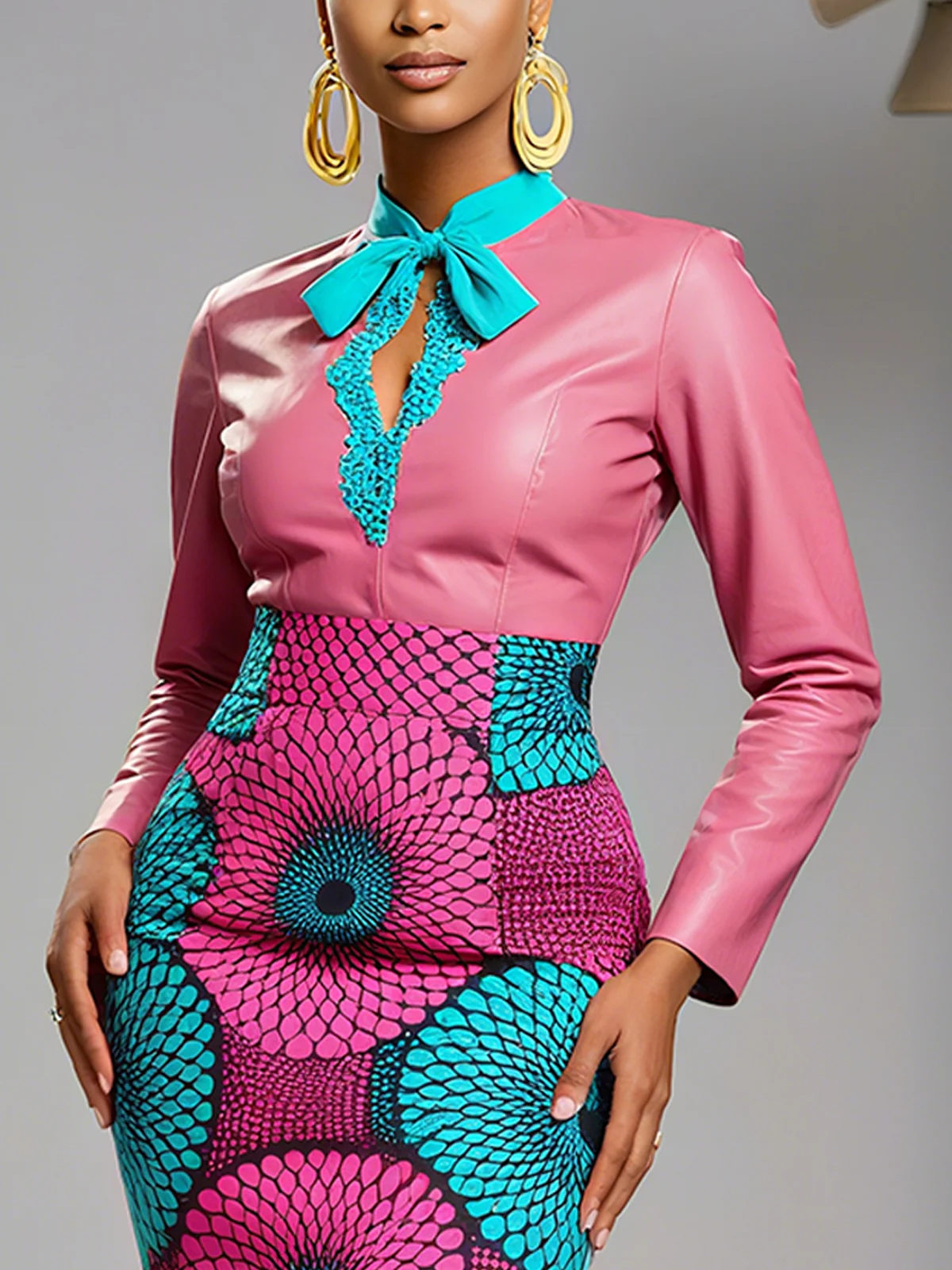 PU Elegant Color Block Split Joint Stand Collar Faux Leather Top