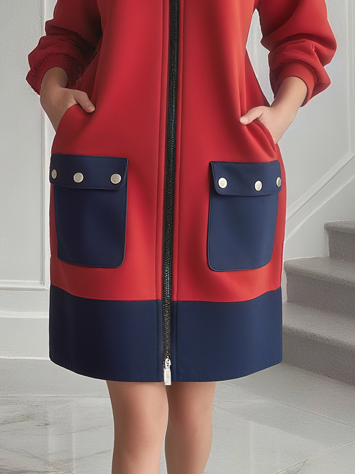 Casual Color Block Pockets Zipper Crew Neck  Dress