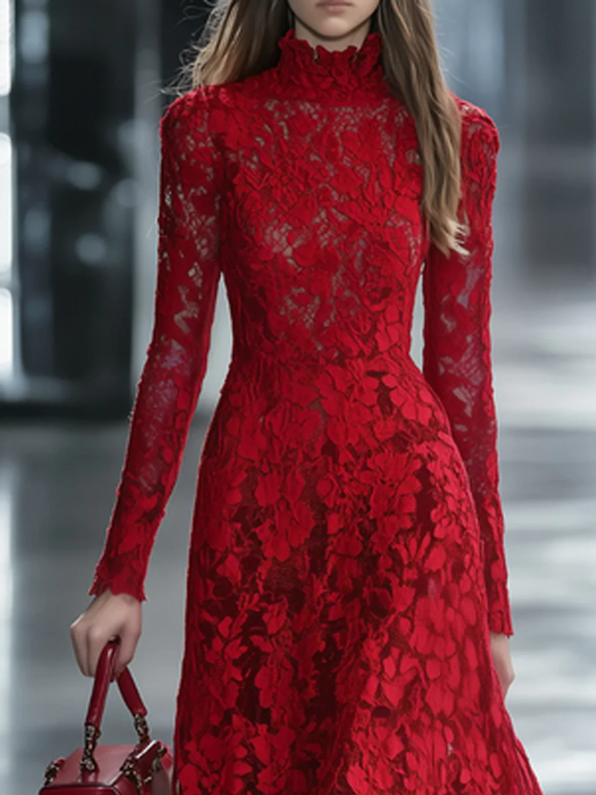 Elegant Plain Stand Collar Midi Dress