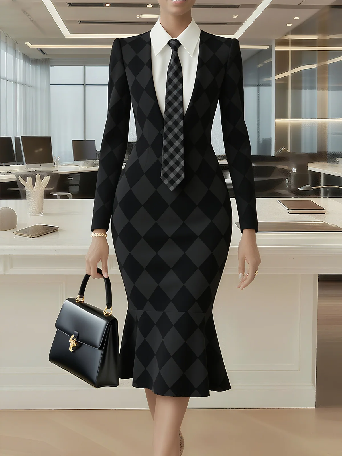 Urban Plain Buttoned Shirt Collar Midi Dress With Tie