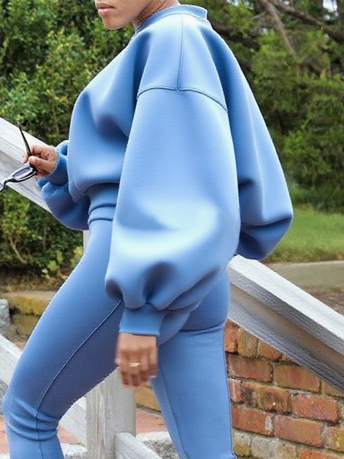 Casual Plain Ruched Crew Neck Balloon Sleeve Sweatshirt