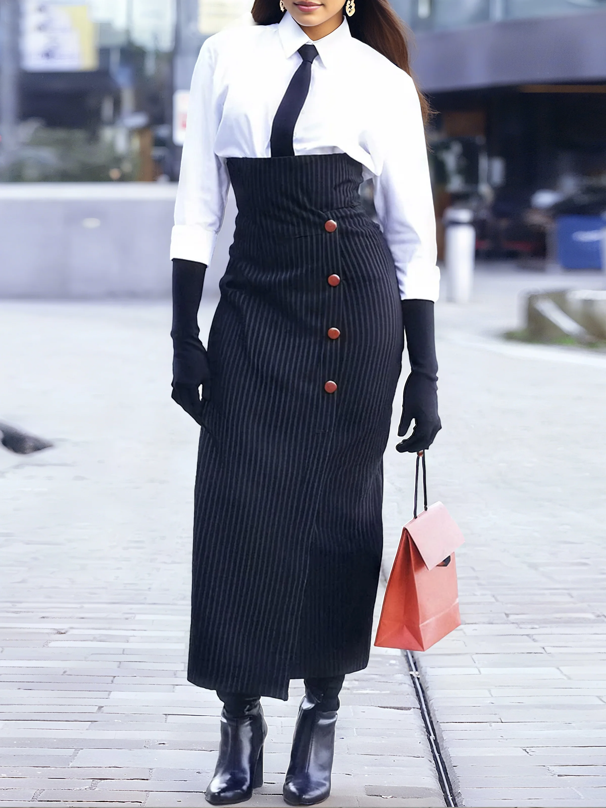 Cotton Urban Plain Buttoned Shirt Collar Shirt With Tie