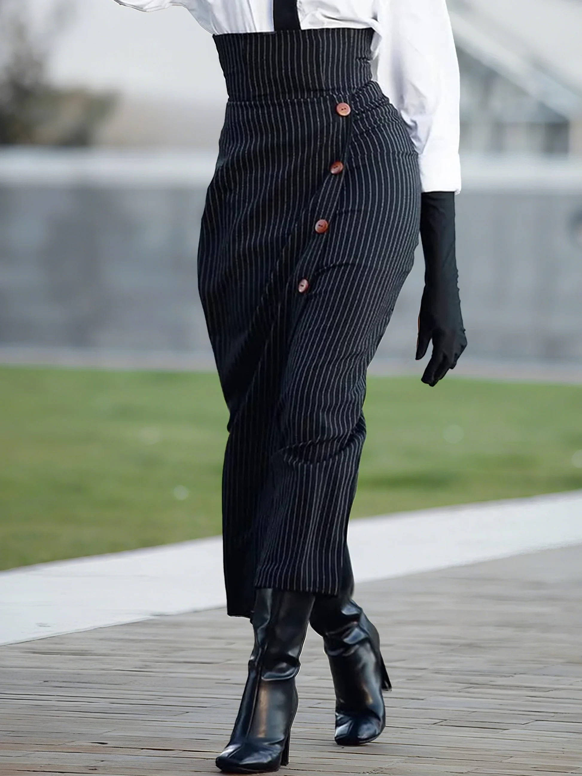Urban Buttoned Striped Midi Skirt