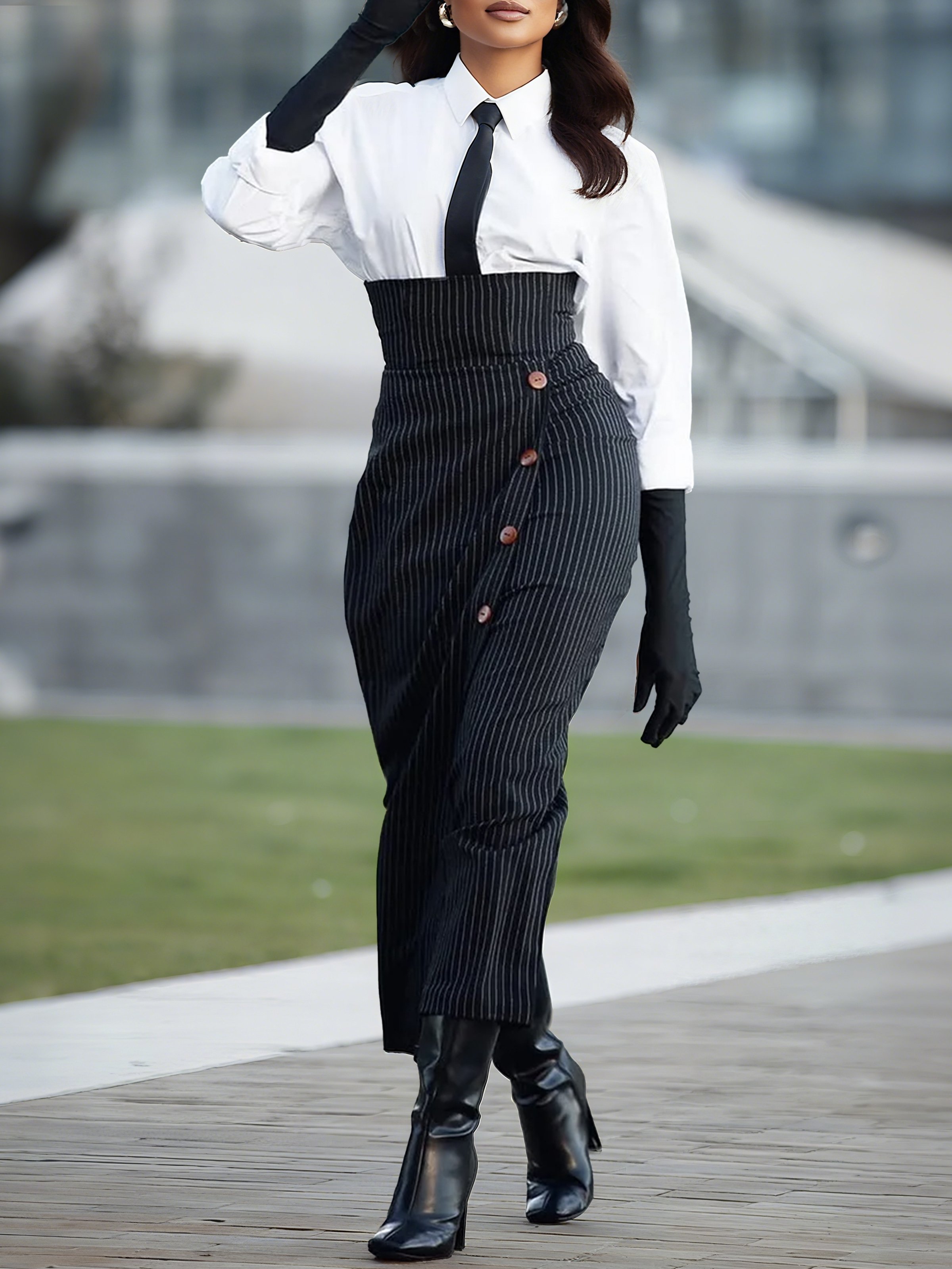 Cotton Urban Plain Buttoned Shirt Collar Shirt With Tie