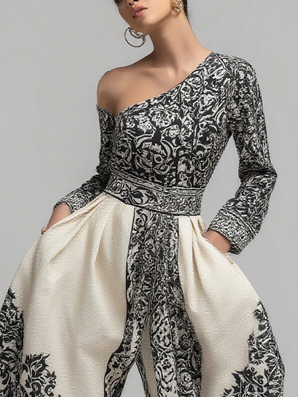 Casual Printed Asymmetrical Off-Shoulder Jumpsuit