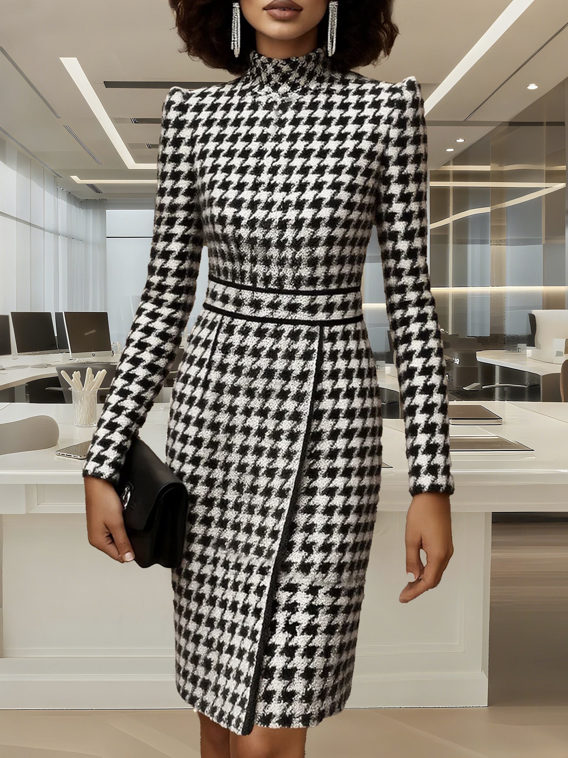 Elegant Houndstooth Printing Mock Neck Knee Length Dress