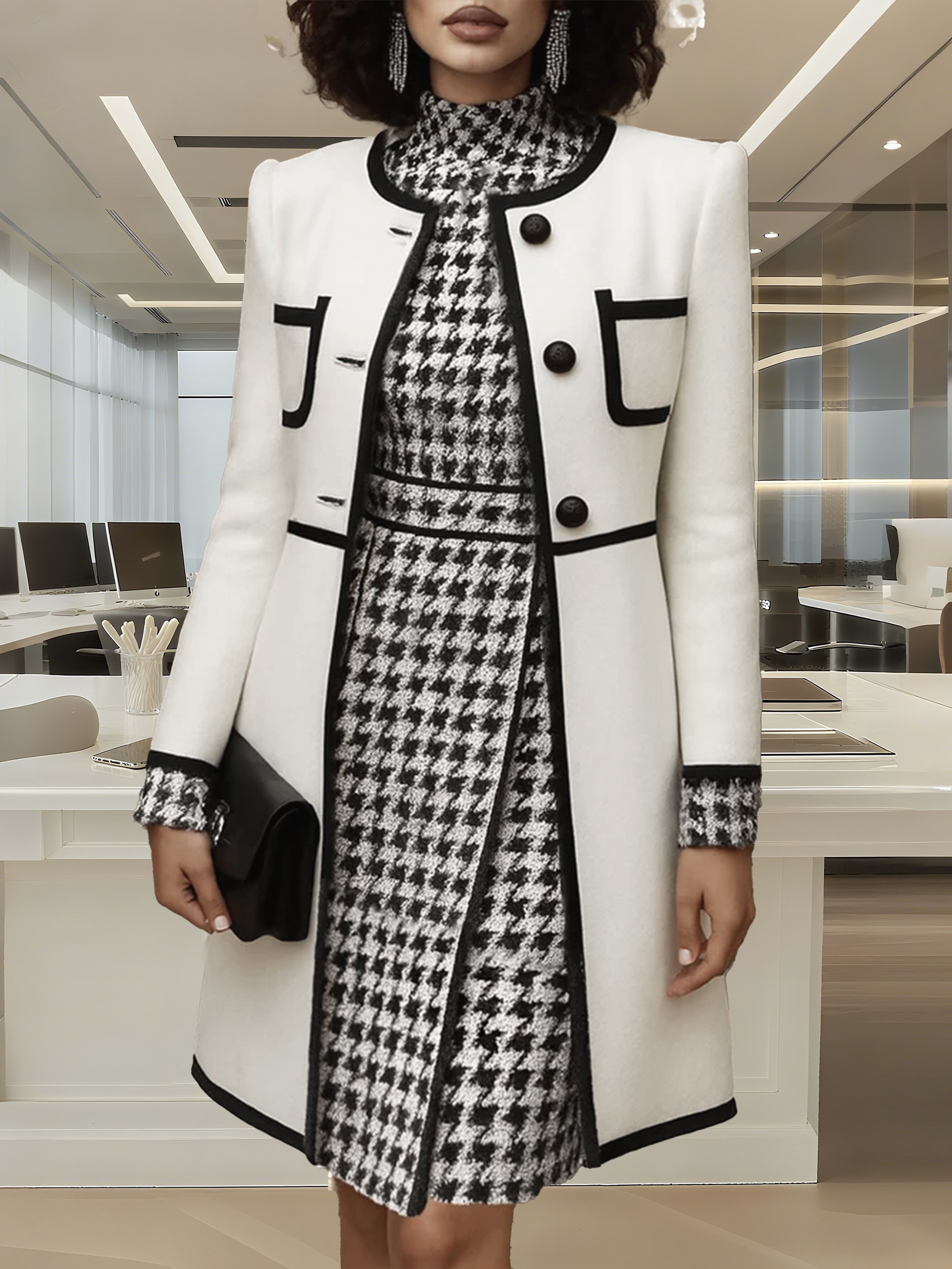 Elegant Houndstooth Printing Mock Neck Knee Length Dress