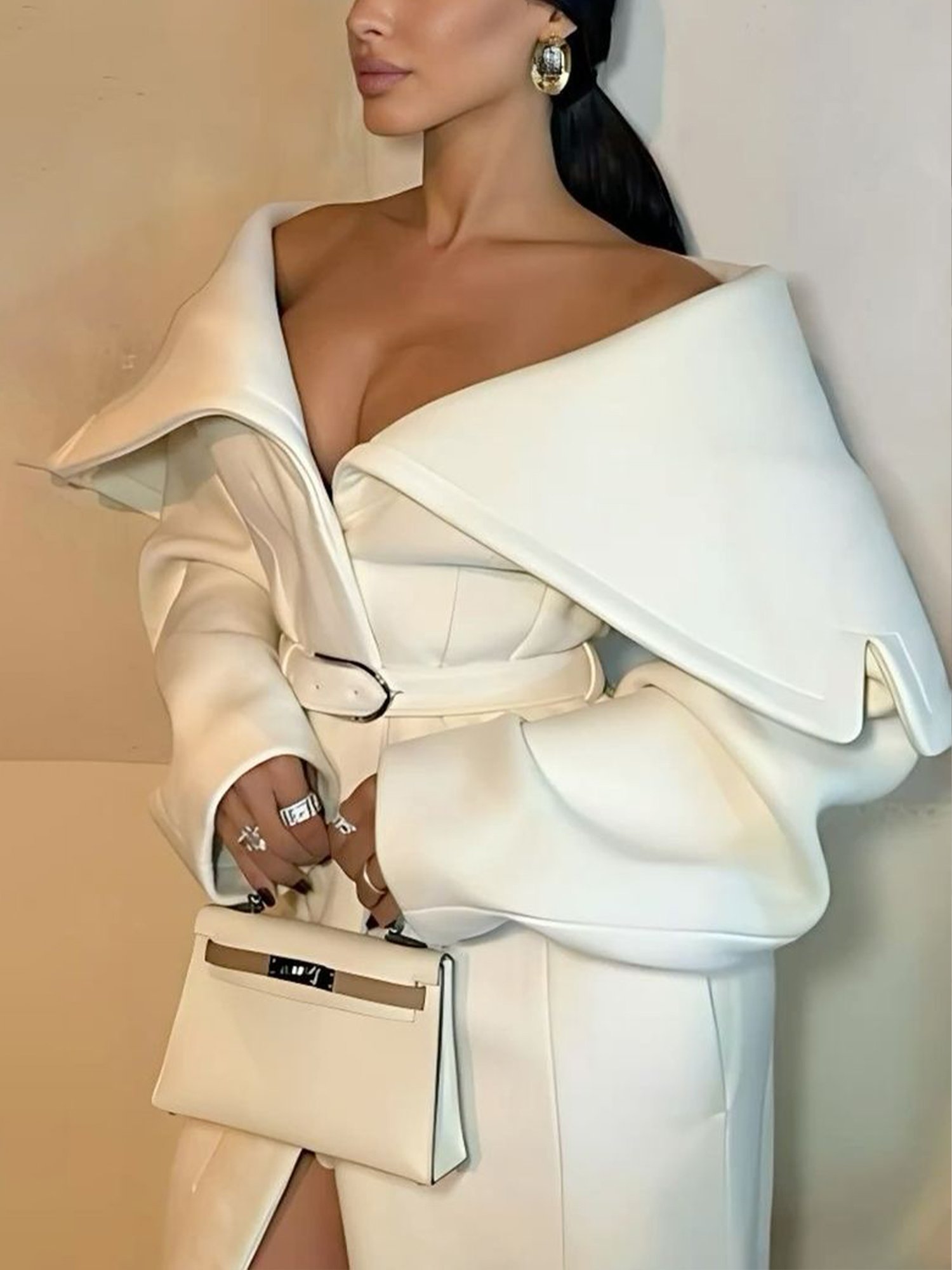 Elegant Plain Shawl Collar Coat With Belt