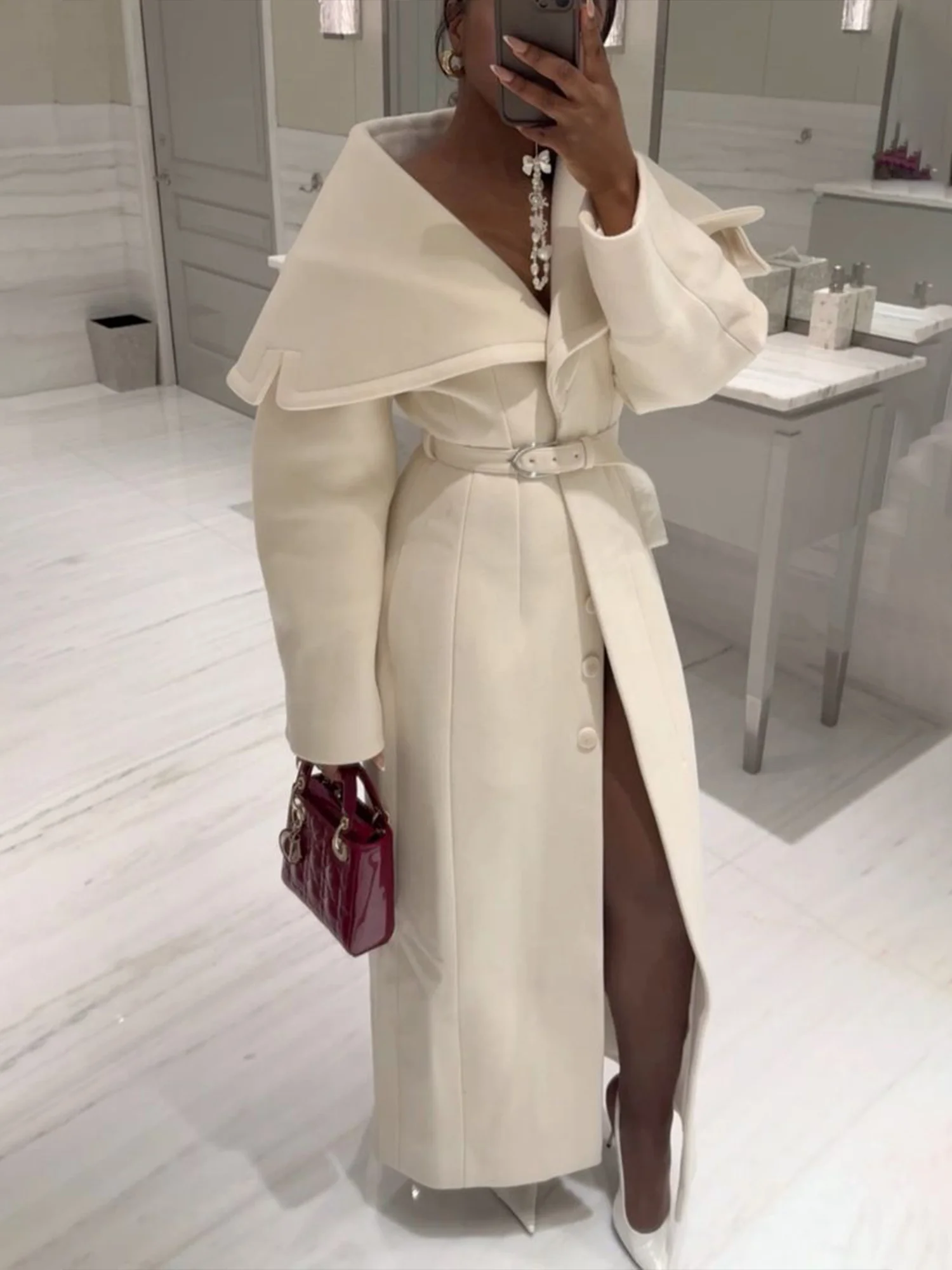 Elegant Plain Shawl Collar Coat With Belt