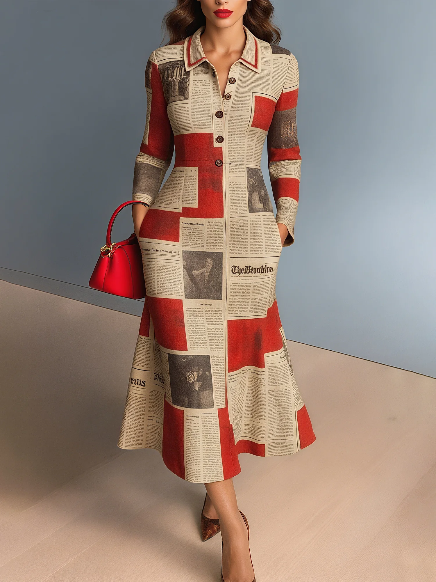 Casual Letter Pattern Printing Polo Collar Midi Dress