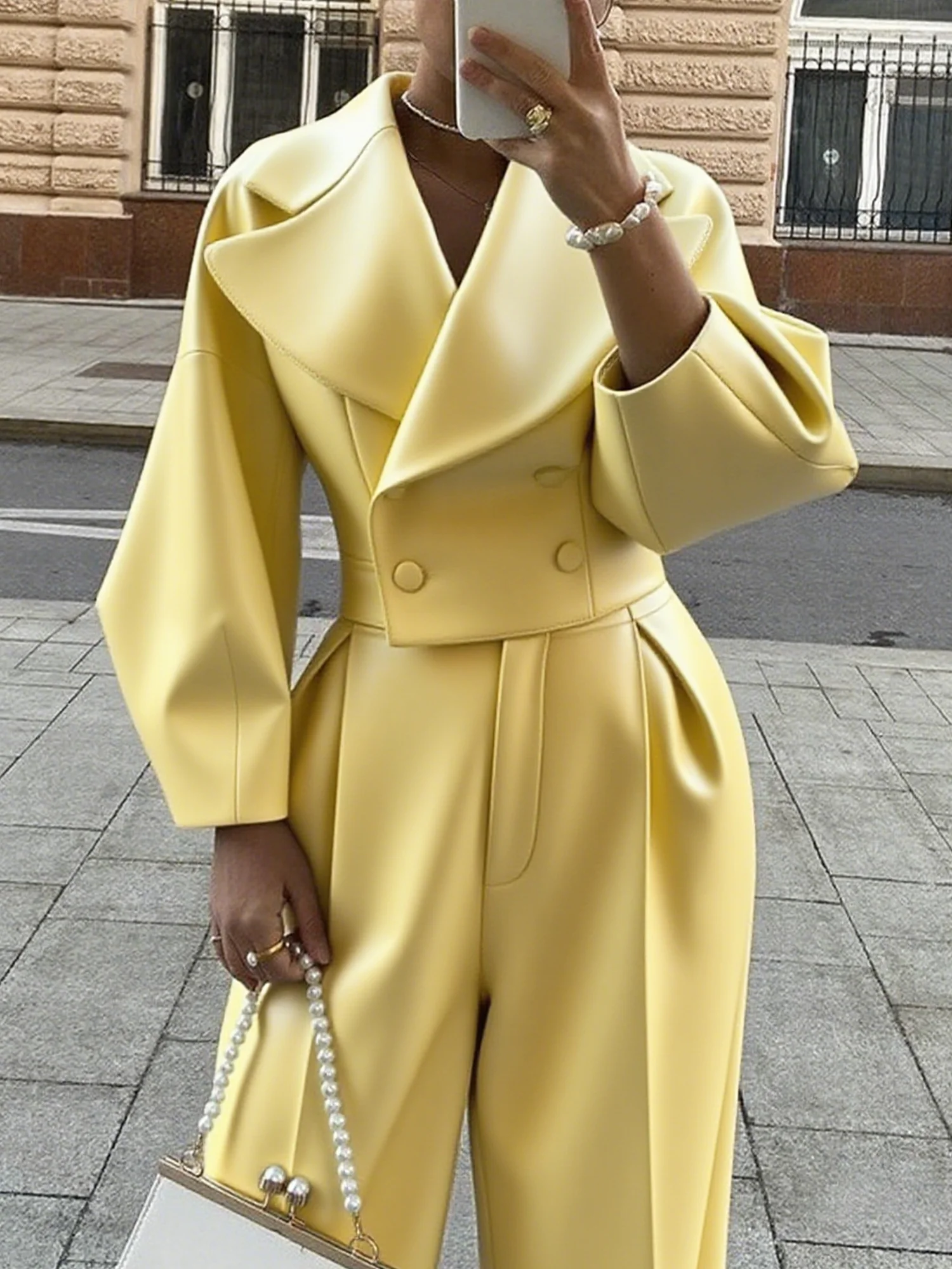 Urban Raglan Sleeves Plain Lapel Collar Faux Leather Coat