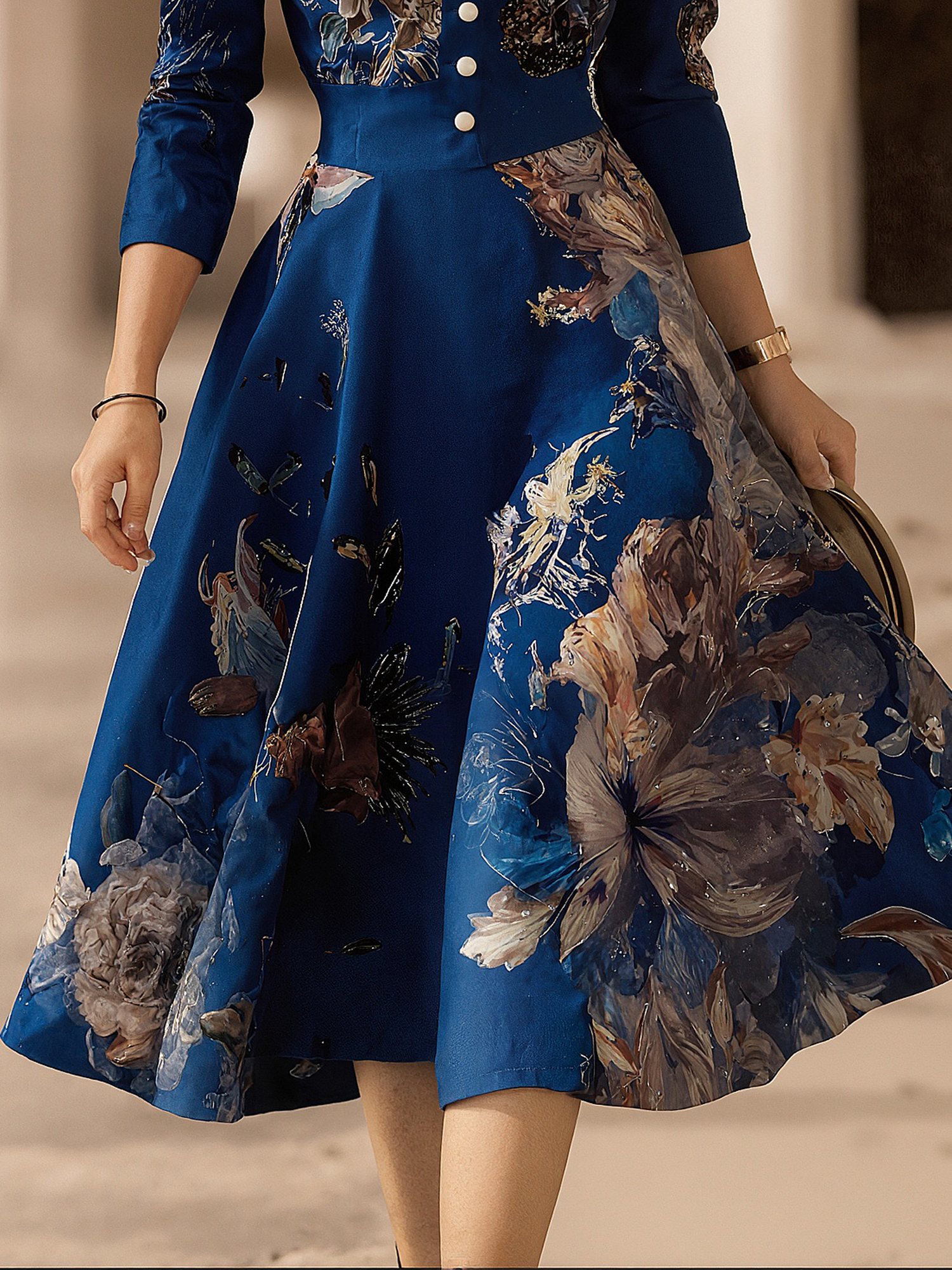 Elegant Floral Stand Collar Midi Dress