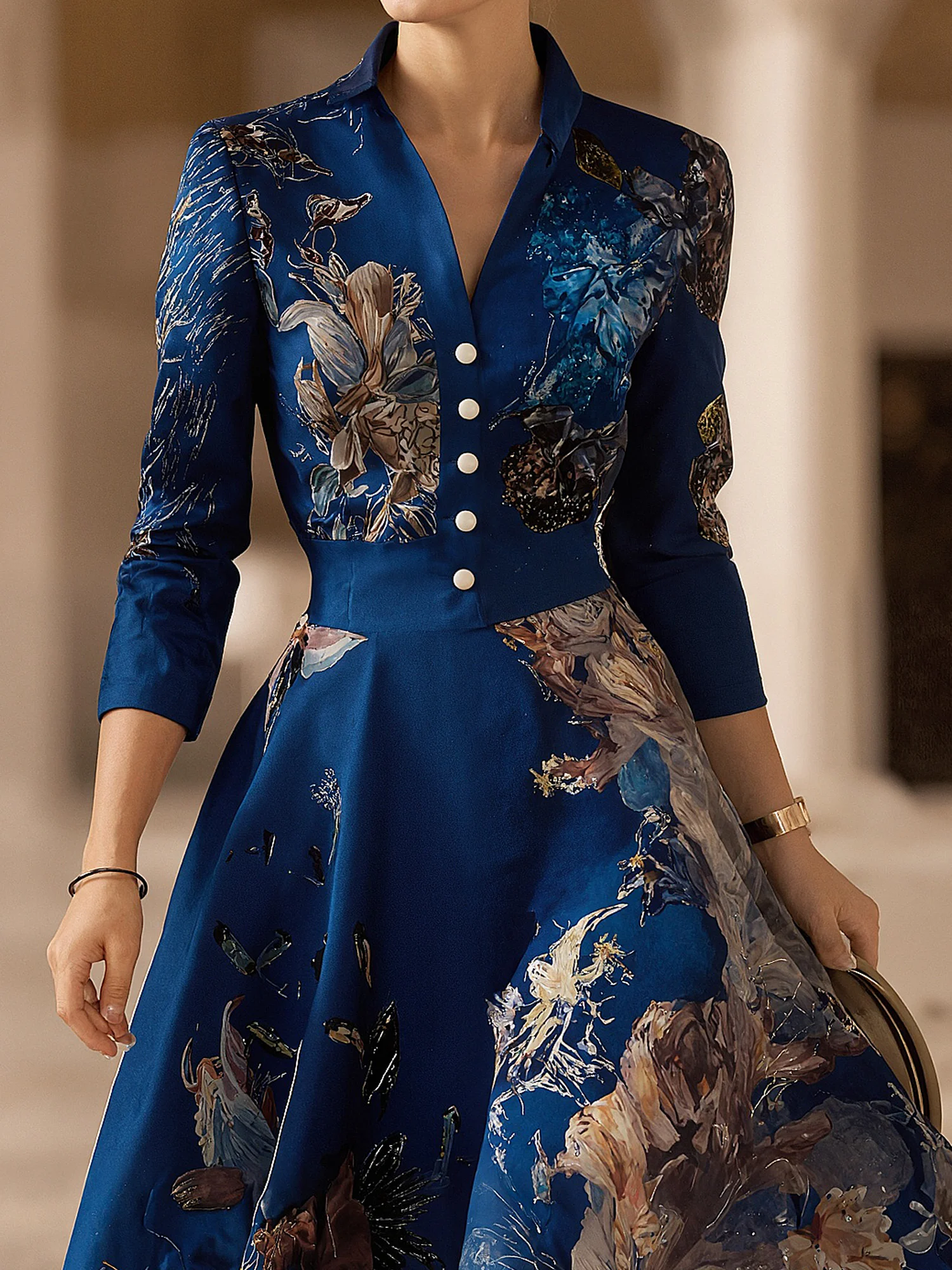 Elegant Floral Stand Collar Midi Dress