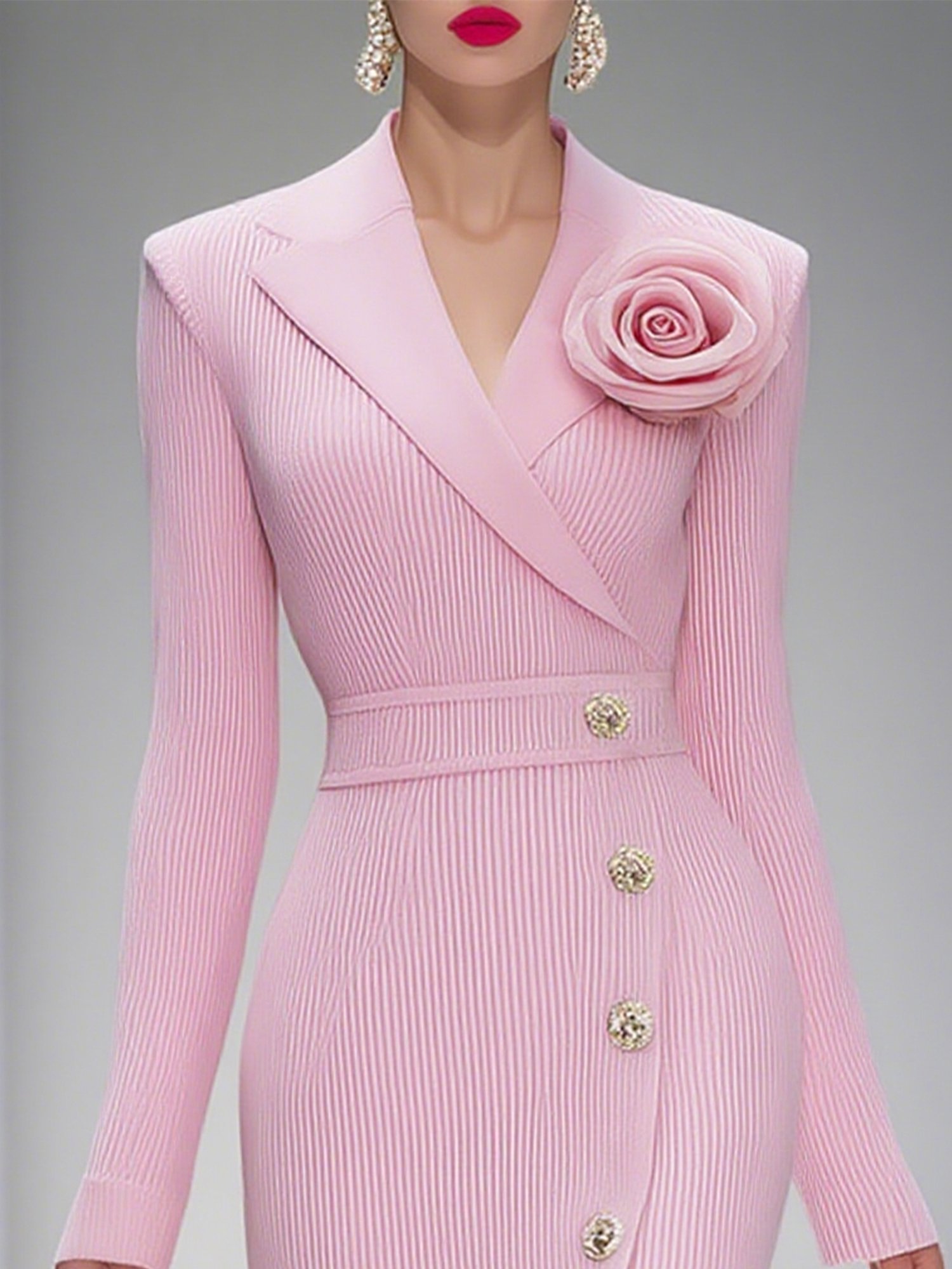 Elegant Plain Lapel Collar Knee Length Sweater Dress With 3D Floral Brooch